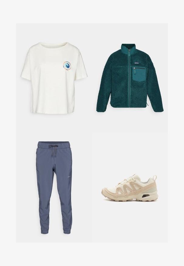 Teal fleece-takki korkealla kauluksella, teksturoidulla pinnalla, edessä vetoketjulla, ja rintatasku vetoketjulla, pyöreällä helmalla ja pitkillä hihoilla.; Patagonia UNITY FITZ EASY CUT RESPONSIBILI-TEE - Printtipaita - birch white; Patagonia TERREBONNE JOGGERS - Ulkohousut - smolder blue; Beige ja kreemi värvi sportlikud jalanõud, millel on tekstiilne mesh ülemine osa, toetavad ülekatted ja kummist tald, millel on mustripattern haardeks.