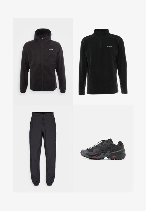 Fekete, vízálló dzseki teljes cipzárral, állítható kapucnival, rugalmas mandzsettákkal és mellkasi logóval; könnyű, sima textúrájú.; Fekete polár pulóver magas gallérral és negyed cipzárral. Bal mellen elhelyezett logóval és kontrasztos varrási részletekkel rendelkezik.; Fekete sportnadrág, könnyű anyagból készült, húzózsinóros derékkal, oldalsó zsebekkel és szűkített szárakkal a bokáknál.; Fekete futócipő szintetikus felsőrésszel, textúrázott dizájnnal és kontrasztos piros kiegészítőkkel. Biztosított fűzőrendszerrel és robosztus talppal rendelkezik.