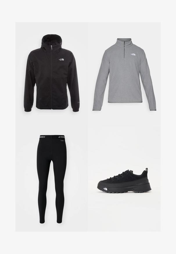 Musta vedenpitävä takki täysihihnalla, säädettävällä huppulla, joustavilla hihansuilla ja logolla rinnassa; kevyt, sileä pinta.; The North Face M GLACIER FLEECE 1/4 ZIP JACKET - Fleecepaita - grey heather; Mustat urheiluleggingsit, joissa on istuva muotoilu ja joustava vyötärtö, jossa on "TERREX"-brändäys. Valmistettu sileästä, joustavasta materiaalista.; Mustamustad välisjalanõud suede ülemise, tekstuuriga kummist tallaga ja tugeva paelaga. Varustatud tugevdatud kanna ja brändi logoga külgedel.