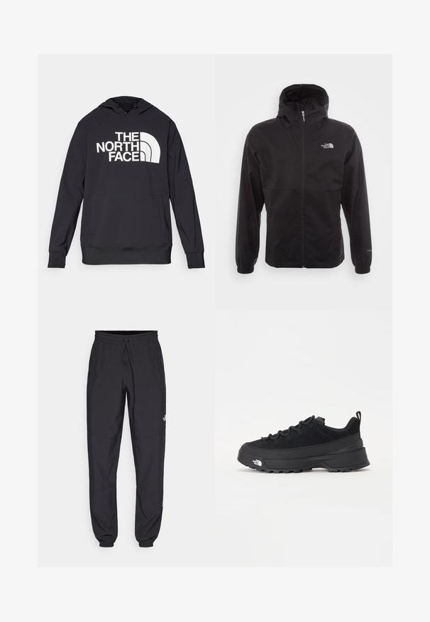 Casaco impermeável preto com fecho completo, capuz ajustável, punhos elásticos e um logótipo no peito; leve, com textura suave.; Hoodie preto feito de tecido macio com um grande logótipo branco na frente. Tem um capuz com cordão e um amplo bolso canguru.; Calças atléticas pretas feitas de tecido leve, com um cós ajustável por cordão, bolsos laterais e punhos afunilados nos tornozelos.; Sapatilha de exterior preta com parte superior em camurça, sola de borracha texturizada e sistema de atacadores robusto. Apresenta um calcanhar reforçado e o logótipo da marca na lateral.