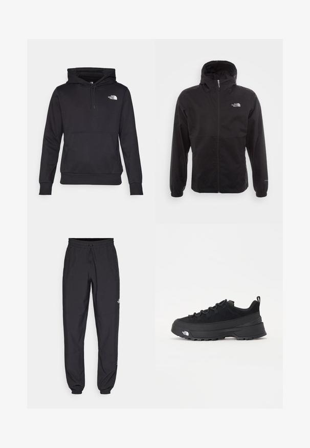 Črna vodotesna jakna s polnim zadrgo, nastavljivo kapuco, elastičnimi manšeti in logotipom na prsih; lahka, gladka tekstura.; Črn pulover s kapuco, izdelan iz mehke tkanine, z sprednjo kenguru žepno, kapuco na vrvico in belim logotipom na prsih.; Črne atletske hlače iz lahkega materiala, ki imajo elastični pas z vezalko, stranske žepe in zožene manšete na gležnjih.; Črne zunanje teniske s zgornjim delom iz usnja z nubukom, teksturiranim gumijastim podplatom in trdnim vezalnim sistemom. Imajo ojačan petni del in logotip blagovne znamke na strani.