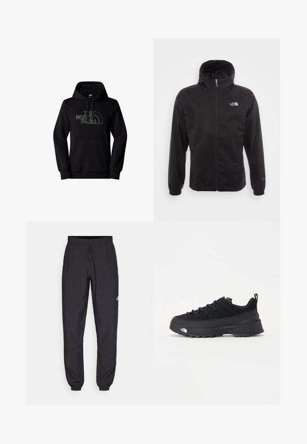 Czarna wodoodporna kurtka z pełnym zamkiem, regulowanym kapturem, elastycznymi mankietami i logo na piersi; lekka, gładka tekstura.; Czarna bluza z kapturem wykonana z mieszanki bawełny, z kieszenią kangurką, kapturem ze sznurkiem oraz zielonym logo z zakrzywionym napisem z przodu.; Czarne spodenki sportowe wykonane z lekkiego materiału, z elastycznym pasem na sznurek, bocznymi kieszeniami i zwężanymi mankietami przy kostkach.; Czarne sneakersy outdoorowe z zamszowym wierzchem, teksturowaną gumową podeszwą i solidnym systemem sznurowania. Posiadają wzmocnioną piętę oraz logo marki na boku.