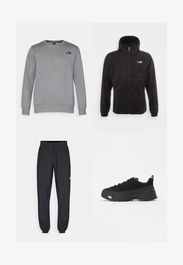 Veste noire imperméable avec une fermeture éclair intégrale, capuche ajustable, poignets élastiques et un logo sur la poitrine ; texture légère et lisse.; Sweatshirt gris en tissu de coton doux, avec un col rond, des manches longues, des poignets et un ourlet côtelés, et un logo noir sur la poitrine.; Pantalon de sport noir en tissu léger, avec une taille à cordon, des poches latérales et des chevilles resserrées.; Baskets de plein air noires avec une tige en daim, semelle en caoutchouc texturé et un système de laçage robuste. Comprend un talon renforcé et un logo de la marque sur le côté.