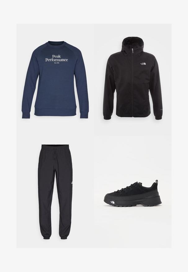 Μαύρο αδιάβροχο μπουφάν με πλήρες φερμουάρ, ρυθμιζόμενη κουκούλα, ελαστικές μανσέτες και λογότυπο στο στήθος; ελαφρύ, με λεία υφή.; Peak Performance ORIGINAL CREW-BLACK-OFFWHITE - Φούτερ - blue shadow/offwhite; Μαύρη αθλητική παντελόνι κατασκευασμένο από ελαφρύ ύφασμα, με ζώνη που ρυθμίζεται με κορδόνι, πλευρικές τσέπες και στενές μανσέτες στους αστραγάλους.; Μαύρο εξωτερικό αθλητικό παπούτσι με σουέτ άνω μέρος, υφασμένο καουτσούκ σόλα και ανθεκτικό σύστημα δέσης. Διαθέτει ενισχυμένη φτέρνα και λογότυπο της μάρκας στο πλάι.