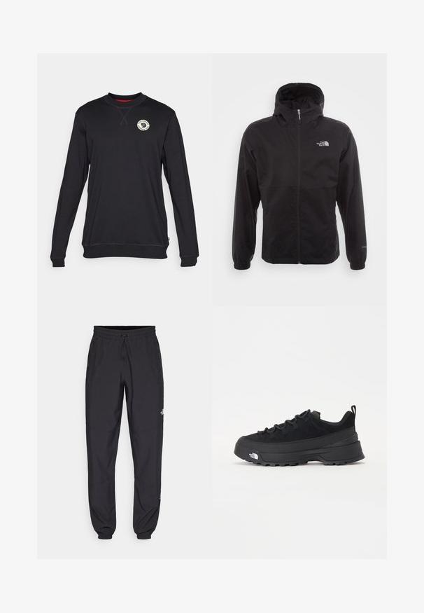 Fekete, vízálló dzseki teljes cipzárral, állítható kapucnival, rugalmas mandzsettákkal és mellkasi logóval; könnyű, sima textúrájú.; Fekete, hosszú ujjú pulóver kerek nyakkal, mellkasi logóval, bordázott mandzsettákkal és egységes textúrával. Piros bélés a gallér belsejében.; Fekete sportnadrág, könnyű anyagból készült, húzózsinóros derékkal, oldalsó zsebekkel és szűkített szárakkal a bokáknál.; Fekete kültéri sneaker velúr felsőrésszel, texturált gumitalppal és strapabíró fűzőrendszerrel. Megerősített sarkú és oldalán márkalogóval rendelkezik.
