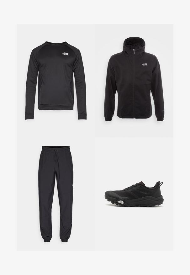 Jachetă neagră, impermeabilă, cu fermoar complet, glugă ajustabilă, manșete elastice și un logo pe piept; ușoară, cu o textură netedă.; Hanorac negru cu mânecă lungă, cu guler rotund, realizat dintr-un material neted. Panouri laterale din plasă pentru ventilație. Prezintă un logo alb pe piept.; Pantaloni atletici negri, confecționați dintr-un material ușor, cu un tiv elastic la talie, buzunare laterale și tivuri ajustate la gleznă.; Pantofii de alergare pe teren accidentat, de culoare neagră, cu un superior texturat, talpă din cauciuc și vârf întărit. Prezintă un guler căptușit și o bandă de prindere pentru îmbrăcare ușoară.