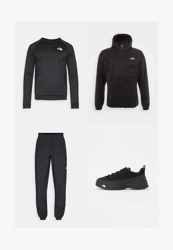 Casaco impermeável preto com fecho completo, capuz ajustável, punhos elásticos e um logótipo no peito; leve, com textura suave.; Sweatshirt preto de mangas longas com decote redondo, feito de um tecido suave. Painéis laterais em malha para respirabilidade. Apresenta um logótipo branco no peito.; Calças atléticas pretas feitas de tecido leve, com um cós ajustável por cordão, bolsos laterais e punhos afunilados nos tornozelos.; Sapatilha de exterior preta com parte superior em camurça, sola de borracha texturizada e sistema de atacadores robusto. Apresenta um calcanhar reforçado e o logótipo da marca na lateral.