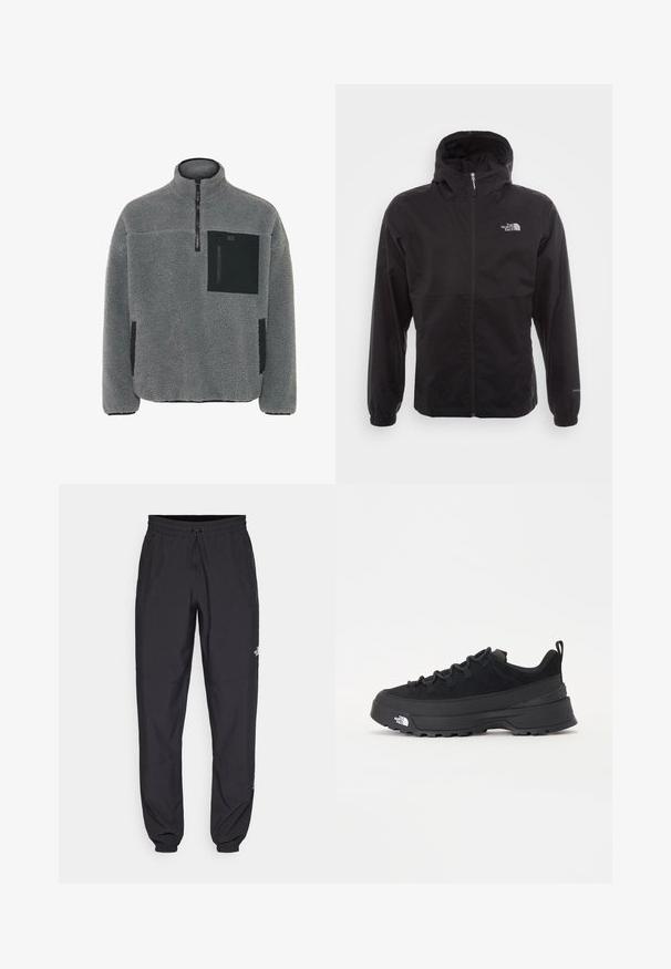 Black waterproof jacket with a full zip, adjustable hood, elastic cuffs, and a logo on the chest; lightweight, smooth texture.; Fleece pullover in light gray with a textured fabric, quarter-zip closure, and black pocket accents on the chest and sides.; Black athletic pants made from lightweight fabric, featuring a drawstring waistband, side pockets, and tapered cuffs at the ankles.; Black outdoor sneaker with a suede upper, textured rubber sole, and sturdy lacing system. Features a reinforced heel and brand logo on the side.