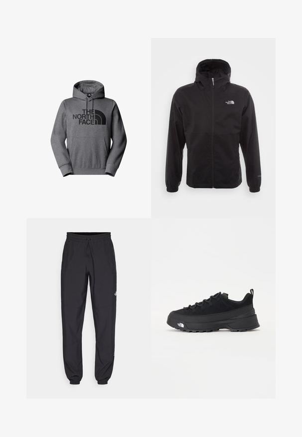 Chaqueta negra impermeable con cremallera completa, capucha ajustable, puños elásticos y un logo en el pecho; ligera, con textura suave.; Sudadera con capucha gris y bolsillo frontal, con un estampado de logo negro en el pecho. Fabricada en tejido suave con puños acanalados.; Pantalones deportivos negros hechos de un tejido ligero, con una cinturilla ajustable, bolsillos laterales y puños ajustados en los tobillos.; Zapatilla negra de exterior con parte superior de ante, suela de goma texturizada y un sólido sistema de cordones. Cuenta con un talón reforzado y el logotipo de la marca en el lateral.