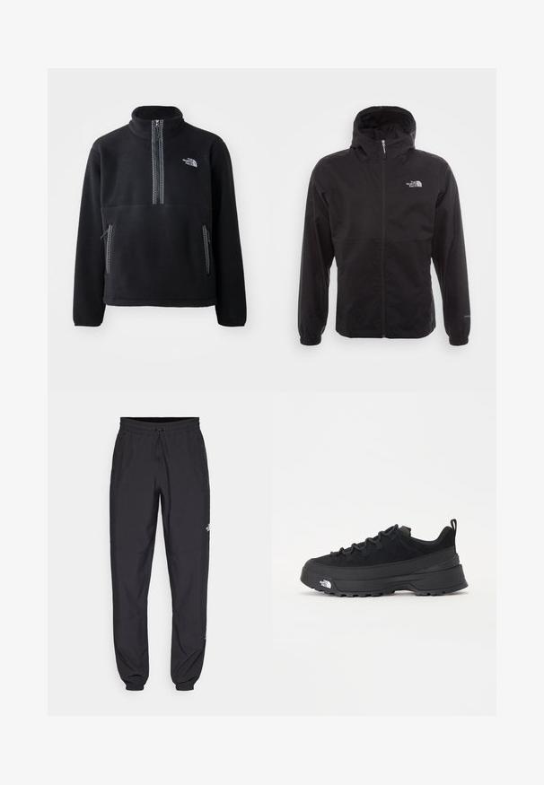 Casaco impermeável preto com fecho completo, capuz ajustável, punhos elásticos e um logótipo no peito; leve, com textura suave.; Pulôver de fleece preto com meia abertura e colarinho alto, apresentando um bolso no peito e dois bolsos laterais. O design inclui um detalhe de fecho de correr em contraste.; Calças atléticas pretas feitas de tecido leve, com um cós ajustável por cordão, bolsos laterais e punhos afunilados nos tornozelos.; Sapatilha de exterior preta com parte superior em camurça, sola de borracha texturizada e sistema de atacadores robusto. Apresenta um calcanhar reforçado e o logótipo da marca na lateral.