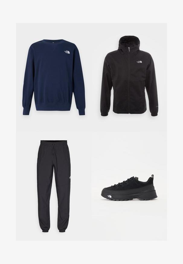 Must have veekindel must jope täispikksu lõpetusega, reguleeritava kapuutsiga, elastsete mansettide ning rinnal oleva logoga; kerge, sile tekstuur.; Tumedat sinised dressipluusid, mis on valmistatud pehmest kangast, ümar paka ja pikad varrukad, ning valge logo rinnal. Sile tekstuur ja lihtne disain.; Mustavad sportlikud püksid, mis on valmistatud kergest kangast, joonlauaga taljest, küljetaskudega ja kitsenevate varrukatega pahkluude juures.; Must musta jalats, millel on sametised ülemused, tekstuuriga kummist põhi ja vastupidav sidumise süsteem. Omab tugevdust kannaosas ja brändi logo küljes.