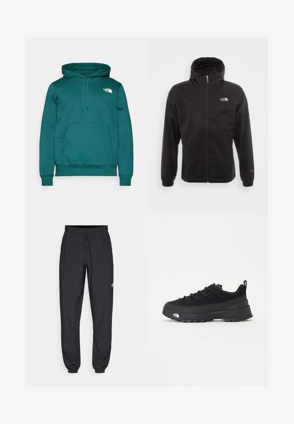 Giacca nera impermeabile con zip completa, cappuccio regolabile, polsini elasticizzati e logo sul petto; leggera, con texture liscia.; Felpa con cappuccio color teal in misto cotone, con tasca a marsupio frontale e logo bianco sulla parte sinistra del petto. Coulisse regolabile.; Pantaloni sportivi neri realizzati in tessuto leggero, con vita regolabile con cordino, tasche laterali e orli affusolati alle caviglie.; Sneaker da esterno nera con parte superiore in suede, suola in gomma testurizzata e robusto sistema di allacciatura. Presenta un tallone rinforzato e il logo del marchio sul lato.