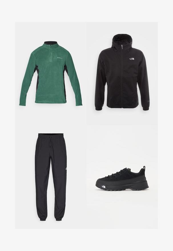 Casaco impermeável preto com fecho completo, capuz ajustável, punhos elásticos e um logótipo no peito; leve, com textura suave.; Pulegar verde em fleece com um zip de um quarto, painéis laterais pretos e mangas longas. Apresenta uma textura suave e um pequeno logótipo no peito.; Calças atléticas pretas feitas de tecido leve, com um cós ajustável por cordão, bolsos laterais e punhos afunilados nos tornozelos.; Sapatilha de exterior preta com parte superior em camurça, sola de borracha texturizada e sistema de atacadores robusto. Apresenta um calcanhar reforçado e o logótipo da marca na lateral.