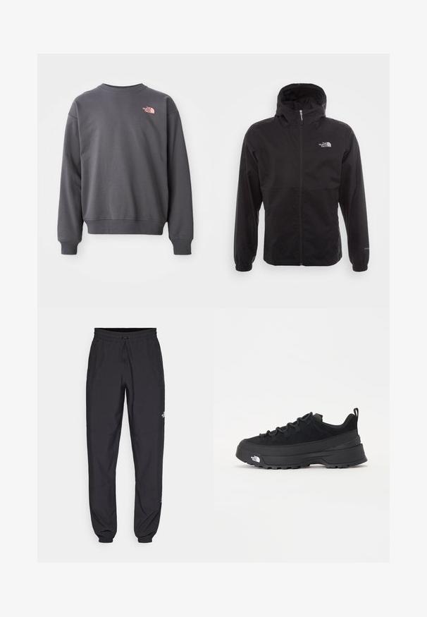 Must have veekindel must jope täispikksu lõpetusega, reguleeritava kapuutsiga, elastsete mansettide ning rinnal oleva logoga; kerge, sile tekstuur.; Hallitus teksasest, mis on valmistatud puuvillasegistusest, ümmargune kaelus, ribitud varrukad ja põhjasärg. Ülemisel vasakul rinnal on väike roosa logo.; Mustavad sportlikud püksid, mis on valmistatud kergest kangast, joonlauaga taljest, küljetaskudega ja kitsenevate varrukatega pahkluude juures.; Must musta jalats, millel on sametised ülemused, tekstuuriga kummist põhi ja vastupidav sidumise süsteem. Omab tugevdust kannaosas ja brändi logo küljes.