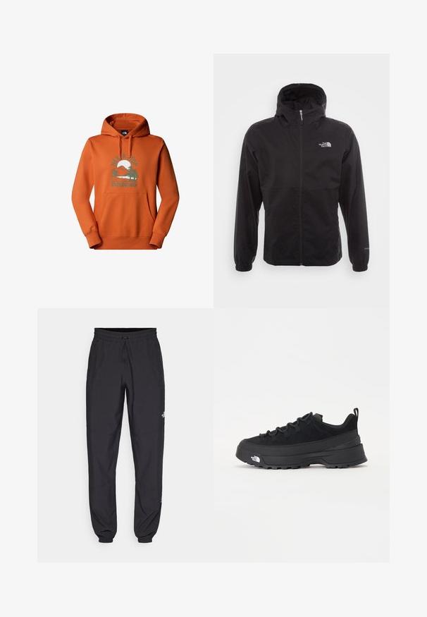 Svart vattentät jacka med full dragkedja, justerbar huva, elastiska ärmslut och en logotyp på bröstet; lätt och slät textur.; Orange hoodie med framficka, med motiv av berg, träd, sol och texten "Sluta aldrig utforska."; Svarta träningsbyxor tillverkade av lättviktsmaterial, med dragsko i midjan, sidofickor och avsmalnande muddar vid anklarna.; Svart utomhussko med ovandel i mocka, texturerad gummisula och robust snörningssystem. Har en förstärkt häl och varumärkeslogotyp på sidan.
