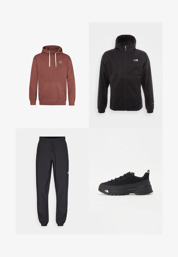 Čierna nepremokavá bunda s plným zipsom, nastaviteľnou kapucňou, elastickými manžetami a logom na hrudi; ľahká, s hladkou textúrou.; Mikina s kapucňou v jemnej ružovej farbe, vyrobená z mäkkej látky. Obsahuje prednú vrecko, kapucňu so šnúrkou a vyšívané logo na hrudi.; Čierne športové nohavice vyrobené z ľahkej tkaniny, s elastickým pásom na šnurovanie, bočnými vreckami a zúženými manžetami na členkoch.; Čierne vonkajšie tenisky so zvrškom z semišu, štruktúrovanou gumovou podrážkou a pevným šnurovaním. Obsahujú vystužený opätok a logo značky na boku.