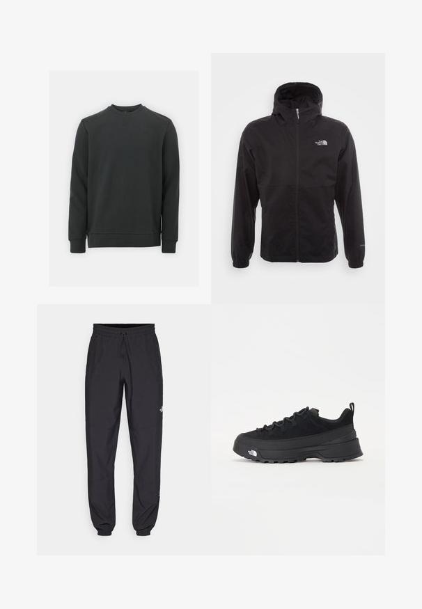 Juodas vandeniui atsparus švarkas su pilnu užtrauktuku, reguliuojama kapuce, elastingais rankogaliais ir logotipu ant krūtinės; lengvas, lygaus paviršiaus.; Juodas džemperis, pagamintas iš medvilnės ir poliesterio mišinio, turi apvalią iškirptę, ilgomis rankovėmis ir subtilų logotipą ant krūtinės. Lygus paviršius.; Juodos sportinės kelnės, pagamintos iš lengvos medžiagos, su raišteliu liemens srityje, šoniniais kišenėmis ir siaurėjantys apykaklės prie kulkšnies.; Juodas lauko sportinis batelis su zomšiniu viršumi, tekstūruota guma padais ir tvirtas raištelių sistema. Yra sustiprinta kulno dalis ir prekės ženklo logotipas šone.