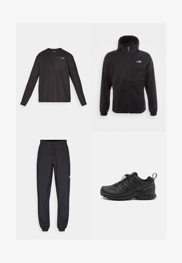 Casaco impermeável preto com fecho completo, capuz ajustável, punhos elásticos e um logótipo no peito; leve, com textura suave.; Fleece preto de manga longa com decote redondo, em tecido texturizado, com bolso no peito com zíper e logotipo da Patagonia.; Calças atléticas pretas feitas de tecido leve, com um cós ajustável por cordão, bolsos laterais e punhos afunilados nos tornozelos.; Sapatilha atlética preta com um cabedal sintético texturizado, sola acolchoada e um sistema de atilhos rápido. Possui biqueira e calcanhar reforçados.