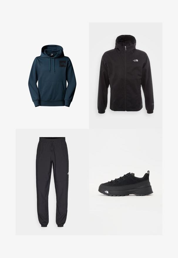 Svart vattentät jacka med full dragkedja, justerbar huva, elastiska ärmslut och en logotyp på bröstet; lätt och slät textur.; Huvan sweatshirt i mörk teal med en framficka. Har en svart logotypapplikation på bröstet. Tillverkad av ett mjukt, strukturerat tyg.; Svarta träningsbyxor tillverkade av lättviktsmaterial, med dragsko i midjan, sidofickor och avsmalnande muddar vid anklarna.; Svart utomhussko med ovandel i mocka, texturerad gummisula och robust snörningssystem. Har en förstärkt häl och varumärkeslogotyp på sidan.