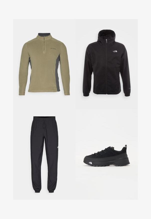 Schwarze wasserdichte Jacke mit durchgehendem Reißverschluss, verstellbarem Kapuzen, elastischen Bündchen und einem Logo auf der Brust; leicht und mit glatter Textur.; Fleece-Pullover in Olivgrün mit dunkelgrauen Seitenpaneelen, Stehkragen und Frontreißverschluss. Verfügt über ein kleines Logo auf der Brust.; Schwarze Sporthosen aus leichtem Stoff, mit einem Kordelzugbund, seitlichen Taschen und schmal zulaufenden Bündchen an den Knöcheln.; Schwarzer Outdoorsneaker mit einem Obermaterial aus Wildleder, strukturierter Gummisohle und robustem Schnürsystem. Verfügt über eine verstärkte Ferse und das Markenlogo an der Seite.