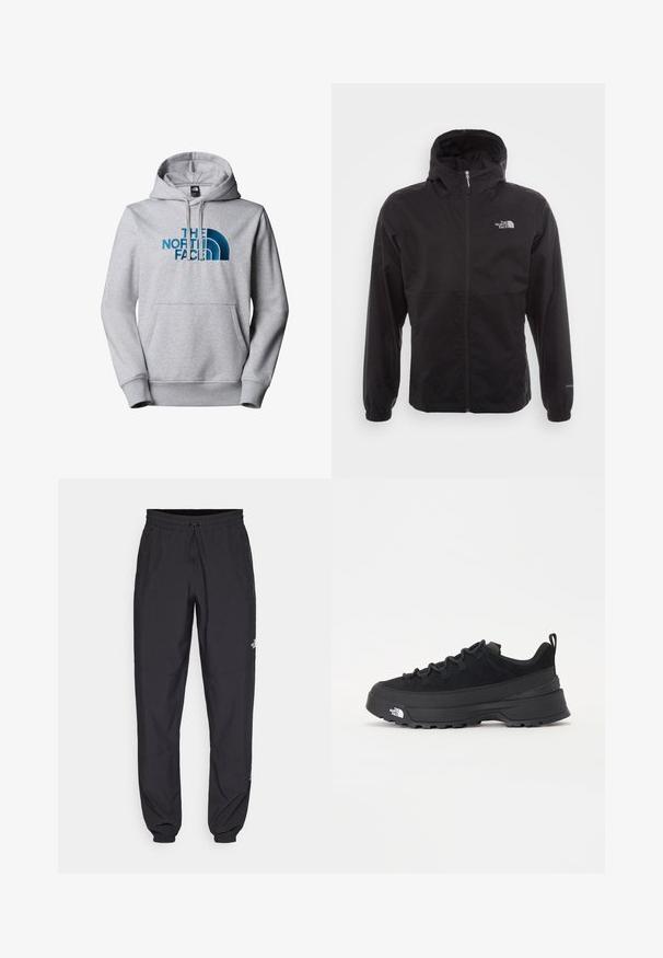 Chaqueta negra impermeable con cremallera completa, capucha ajustable, puños elásticos y un logo en el pecho; ligera, con textura suave.; Sudadera gris hecha de tela suave, con un bolsillo frontal, capucha con cordones y un logotipo azul bordado con un diseño de medio círculo.; Pantalones deportivos negros hechos de un tejido ligero, con una cinturilla ajustable, bolsillos laterales y puños ajustados en los tobillos.; Zapatilla negra de exterior con parte superior de ante, suela de goma texturizada y un sólido sistema de cordones. Cuenta con un talón reforzado y el logotipo de la marca en el lateral.