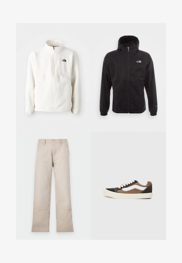 Juodas vandeniui atsparus švarkas su pilnu užtrauktuku, reguliuojama kapuce, elastingais rankogaliais ir logotipu ant krūtinės; lengvas, lygaus paviršiaus.; Baltas pūkinis megztinis su užtrauktuku, su priekinėme kišenėje ir logotipu ant krūtinės. Minkšta tekstūra ir laisvas siluetas.; Bežiniai medvilniniai džinsai tiesaus kirpimo, su dviem priekinėmis kišenėmis ir dviem užtrauktukų akcentais. Pabrėžti auksinės spalvos detalės.; Juodi ir rudi sportbačiai su baltais akcentais, pagaminti iš kanapių medžiagos, žemo profilio dizainas, apvalus pirštas ir smėlio spalvos guminis padas. Savybė - kontrastinga siuvimas.