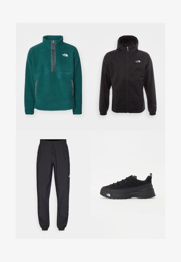 Schwarze wasserdichte Jacke mit durchgehendem Reißverschluss, verstellbarem Kapuzen, elastischen Bündchen und einem Logo auf der Brust; leicht und mit glatter Textur.; Türkisfarbener Fleece-Pullover mit hohem Kragen, halbem Reißverschluss vorne, zwei Seitentaschen und kontrastierendem schwarzen Nähten. Logo auf der linken Brusttasche.; Schwarze Sporthosen aus leichtem Stoff, mit einem Kordelzugbund, seitlichen Taschen und schmal zulaufenden Bündchen an den Knöcheln.; Schwarzer Outdoorsneaker mit einem Obermaterial aus Wildleder, strukturierter Gummisohle und robustem Schnürsystem. Verfügt über eine verstärkte Ferse und das Markenlogo an der Seite.