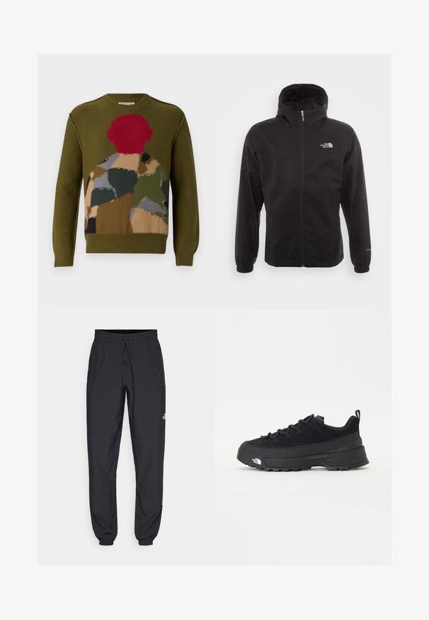 Melna ūdensnecaurlaidīga jaka ar pilnu rāvējslēdzēju, regulējamu kapuci, elastīgām piedurknēm un logo uz krūtīm; viegla, gluda tekstūra.; Oliņzaļš adīts džemperis ar daudzkrāsainu lauztu dizainu, kurā ir sarkanie, brūnie un pelēkie akcenti. Klasisks apaļš kakls un riboti piedurkņu gali.; Melni sporta bikses, kas izgatavotas no viegla auduma, ar savelcamu jostu, sānu kabatām un sašaurinātiem apakšējiem galiem pie potītēm.; Melni āra sporta apavi ar zamšādas virsu, teksturētu gumijas zoli un izturīgu auklu sistēmu. Iezīmēts ar pastiprinātu papēdi un zīmola logo sānu daļā.