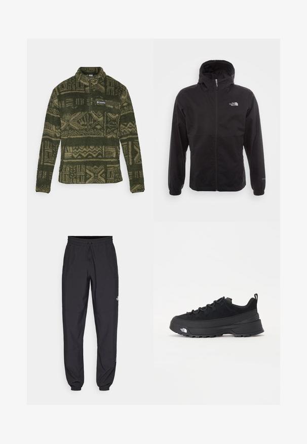 Giacca nera impermeabile con zip completa, cappuccio regolabile, polsini elasticizzati e logo sul petto; leggera, con texture liscia.; Pullover in pile a motivo verde oliva con mezza cerniera e patch del logo Columbia sulla tasca del petto.; Pantaloni sportivi neri realizzati in tessuto leggero, con vita regolabile con cordino, tasche laterali e orli affusolati alle caviglie.; Sneaker da esterno nera con parte superiore in suede, suola in gomma testurizzata e robusto sistema di allacciatura. Presenta un tallone rinforzato e il logo del marchio sul lato.