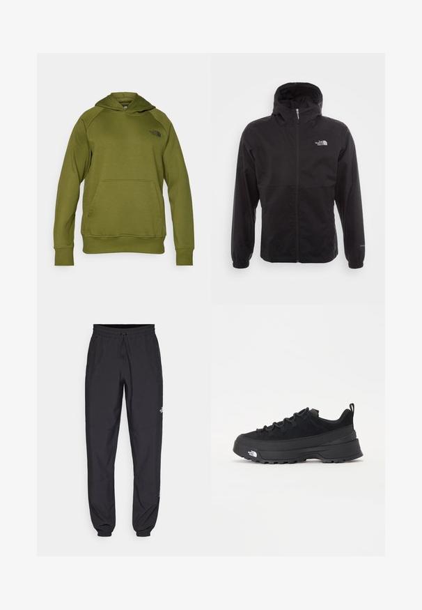 Svart vattentät jacka med full dragkedja, justerbar huva, elastiska ärmslut och en logotyp på bröstet; lätt och slät textur.; Olivgrön hoodie med en framficka, raglanärmar och en svart logotyp på bröstet. Tillverkad av ett mjukt, texturerat tyg.; Svarta träningsbyxor tillverkade av lättviktsmaterial, med dragsko i midjan, sidofickor och avsmalnande muddar vid anklarna.; Svart utomhussko med ovandel i mocka, texturerad gummisula och robust snörningssystem. Har en förstärkt häl och varumärkeslogotyp på sidan.