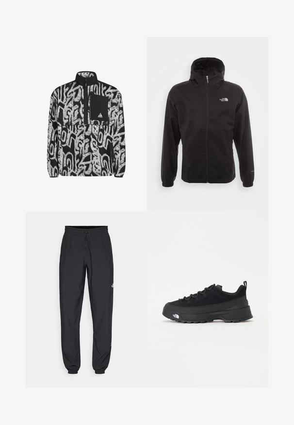 Svart vanntett jakke med full glidelås, justerbar hette, elastiske mansjetter og logo på brystet; lett, glatt tekstur.; Svart og hvit fleecegenser med abstrakt mønster, halv-zip lukking og svart brystlomme med et logopatch.; Sorte idrettsbukser laget av lett stoff, med snor i livet, sidelommer og smale mansjetter ved anklene.; Svart utendørs sneakers med overdel i semsket skinn, teksturert gummisåle og solid snøresystem. Har forsterket hæl og merkevarelogo på siden.