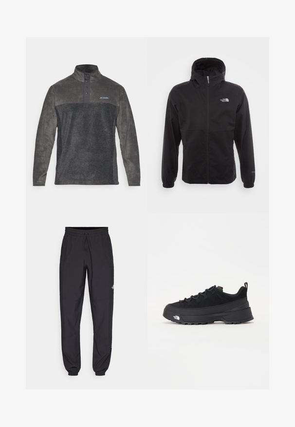Black waterproof jacket with a full zip, adjustable hood, elastic cuffs, and a logo on the chest; lightweight, smooth texture.; Gray fleece pullover with a high collar, four-button placket, and fabric contrast at shoulder. Features a Columbia logo on the chest.; Black athletic pants made from lightweight fabric, featuring a drawstring waistband, side pockets, and tapered cuffs at the ankles.; Black outdoor sneaker with a suede upper, textured rubber sole, and sturdy lacing system. Features a reinforced heel and brand logo on the side.