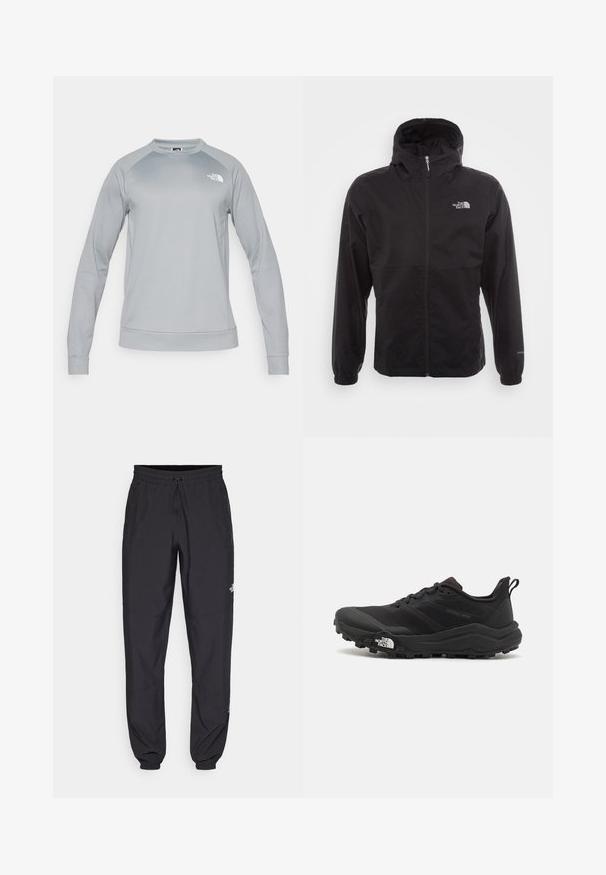 Chaqueta negra impermeable con cremallera completa, capucha ajustable, puños elásticos y un logo en el pecho; ligera, con textura suave.; Sudadera de color gris claro con mangas largas y escote redondo. Presenta un dobladillo y puños acanalados. El logo de The North Face está visible en el pecho.; Pantalones deportivos negros hechos de un tejido ligero, con una cinturilla ajustable, bolsillos laterales y puños ajustados en los tobillos.; Zapatilla de trail running negra con upper texturizado, suela de goma y puntera reforzada. Presenta un collar acolchado y una lengüeta para poner y quitar fácilmente.
