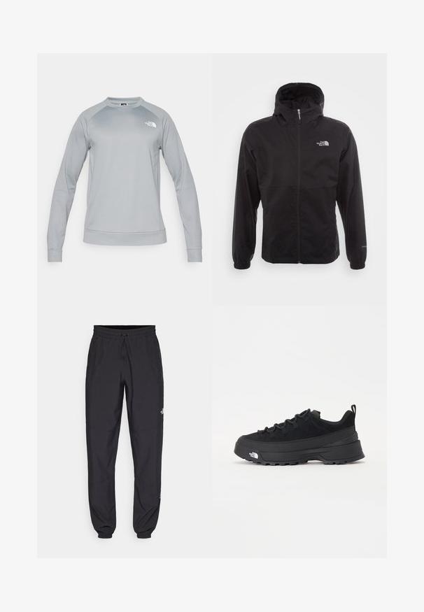 Zwarte waterdichte jack met volledige rits, verstelbare capuchon, elastische manchetten en een logo op de borst; lichtgewicht, gladde textuur.; Lichtgrijze sweatshirt met lange mouwen en een ronde hals. Voorzien van een geribde zoom en manchetten. Het logo van The North Face staat op de borst.; Zwarte sportieve broek gemaakt van lichtgewicht stof, met een trekkoord in de taille, zijzakken en taps toelopende boorden bij de enkels.; Zwarte outdoor sneaker met een suede bovenkant, een gestructureerde rubberen zool en een stevig vetersysteem. Heeft een versterkte hiel en een merklogo aan de zijkant.
