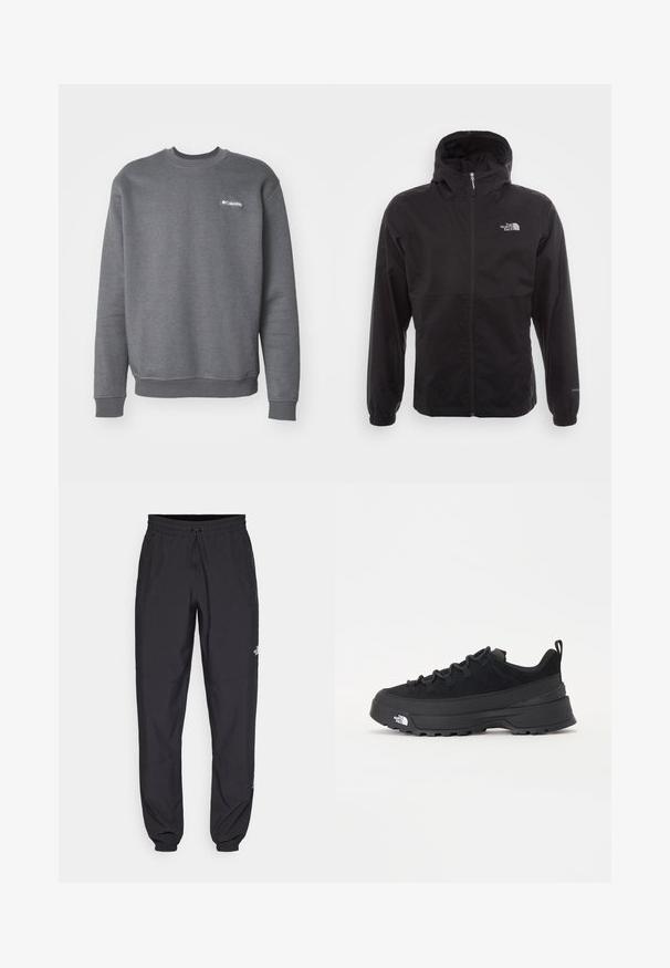 Casaco impermeável preto com fecho completo, capuz ajustável, punhos elásticos e um logótipo no peito; leve, com textura suave.; Sweatshirt cinza feito de material fleece, com decote e punhos canelados, e um pequeno logótipo branco na zona esquerda do peito.; Calças atléticas pretas feitas de tecido leve, com um cós ajustável por cordão, bolsos laterais e punhos afunilados nos tornozelos.; Sapatilha de exterior preta com parte superior em camurça, sola de borracha texturizada e sistema de atacadores robusto. Apresenta um calcanhar reforçado e o logótipo da marca na lateral.