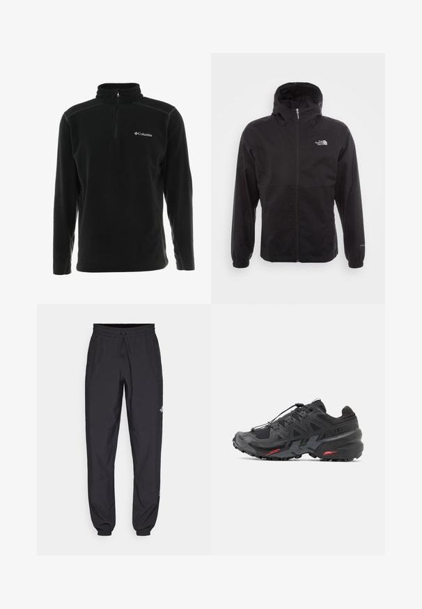 Svart vanntett jakke med full glidelås, justerbar hette, elastiske mansjetter og logo på brystet; lett, glatt tekstur.; Svart fleece-pullover med høy krage og kvart glidelås. Har en logo på venstre bryst og kontrasterende sømdetaljer.; Sorte idrettsbukser laget av lett stoff, med snor i livet, sidelommer og smale mansjetter ved anklene.; Svart løpesko med syntetisk overdel, teksturert design og kontrasterende røde detaljer. Har et sikkert snøresystem og robust såle.