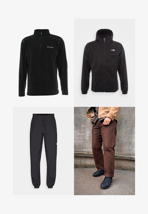Črna vodotesna jakna s polnim zadrgo, nastavljivo kapuco, elastičnimi manšeti in logotipom na prsih; lahka, gladka tekstura.; Črn flis pulover s visokim ovratnikom in četrtinskim zadrgo. Ima logotip na levem prsnem delu in kontrastne šive.; Črne atletske hlače iz lahkega materiala, ki imajo elastični pas z vezalko, stranske žepe in zožene manšete na gležnjih.; Rjave bombažne hlače s ravnimi nogavicami, v kombinaciji s črnimi športnimi čevlji. Izgled vključuje srajco z teksturiranim vzorcem pod svetlo rjavim jopičem.