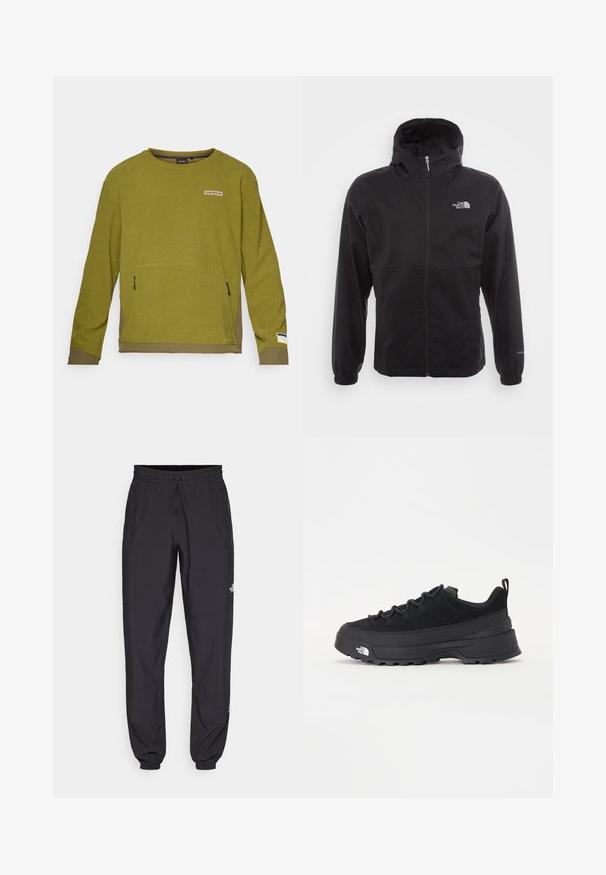 Giacca nera impermeabile con zip completa, cappuccio regolabile, polsini elasticizzati e logo sul petto; leggera, con texture liscia.; Felpa a maniche lunghe verde oliva con tessuto testurizzato, dotata di tasca frontale, etichetta con logo sopra e orlo inferiore a contrasto.; Pantaloni sportivi neri realizzati in tessuto leggero, con vita regolabile con cordino, tasche laterali e orli affusolati alle caviglie.; Sneaker da esterno nera con parte superiore in suede, suola in gomma testurizzata e robusto sistema di allacciatura. Presenta un tallone rinforzato e il logo del marchio sul lato.