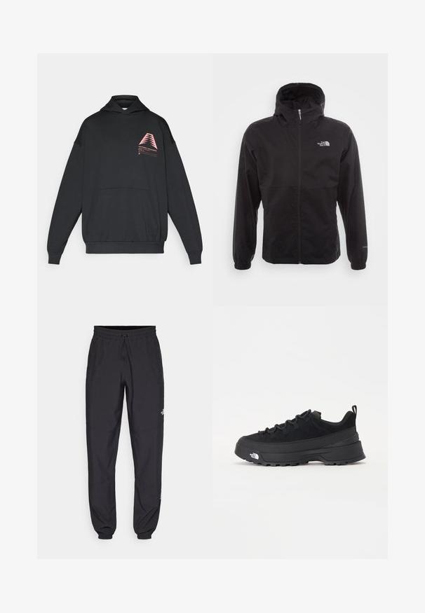 Černá nepromokavá bunda s celopropínacím zipem, nastavitelnou kapucí, elastickými manžetami a logem na hrudi; lehká, hladká textilie.; Černá kapucí mikina vyrobená z měkké látky. Má růžovou geometrickou grafiku na hrudi a přední kengurí kapsu.; Černé sportovní kalhoty vyrobené z lehké tkaniny, s páskem na šňůrku, bočními kapsami a zúženými manžetami na kotnících.; Černé venkovní tenisky s horní částí ze semiše, texturovanou gumovou podrážkou a pevným šněrováním. Obsahují zesílenou patu a logo značky na boku.