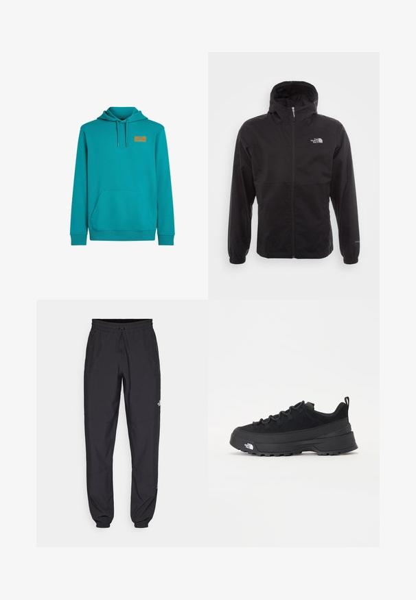 Schwarze wasserdichte Jacke mit durchgehendem Reißverschluss, verstellbarem Kapuzen, elastischen Bündchen und einem Logo auf der Brust; leicht und mit glatter Textur.; Türkise Kapuzenjacke mit einer vorderen Kängurutasche, einer regulierbaren Kapuze und einem kleinen orangen Etikett auf der Brust. Weicher Stoff und gerippte Bündchen.; Schwarze Sporthosen aus leichtem Stoff, mit einem Kordelzugbund, seitlichen Taschen und schmal zulaufenden Bündchen an den Knöcheln.; Schwarzer Outdoorsneaker mit einem Obermaterial aus Wildleder, strukturierter Gummisohle und robustem Schnürsystem. Verfügt über eine verstärkte Ferse und das Markenlogo an der Seite.