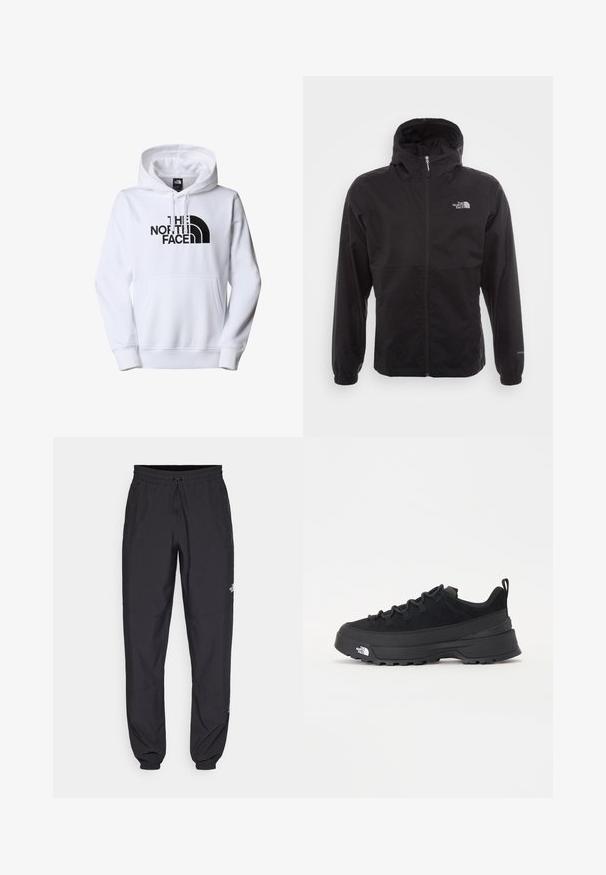 Schwarze wasserdichte Jacke mit durchgehendem Reißverschluss, verstellbarem Kapuzen, elastischen Bündchen und einem Logo auf der Brust; leicht und mit glatter Textur.; Weißes Kapuzensweatshirt mit Kängurutasche, auf der Brust mit dem schwarzen Logo "THE NORTH FACE" bedruckt. Weicher Stoff, lässiges Design.; Schwarze Sporthosen aus leichtem Stoff, mit einem Kordelzugbund, seitlichen Taschen und schmal zulaufenden Bündchen an den Knöcheln.; Schwarzer Outdoorsneaker mit einem Obermaterial aus Wildleder, strukturierter Gummisohle und robustem Schnürsystem. Verfügt über eine verstärkte Ferse und das Markenlogo an der Seite.