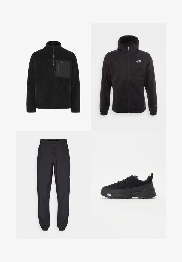 Black waterproof jacket with a full zip, adjustable hood, elastic cuffs, and a logo on the chest; lightweight, smooth texture.; Black fleece pullover with a high collar, quarter-zip front, and a chest pocket in contrasting material. Textured, soft surface.; Black athletic pants made from lightweight fabric, featuring a drawstring waistband, side pockets, and tapered cuffs at the ankles.; Black outdoor sneaker with a suede upper, textured rubber sole, and sturdy lacing system. Features a reinforced heel and brand logo on the side.