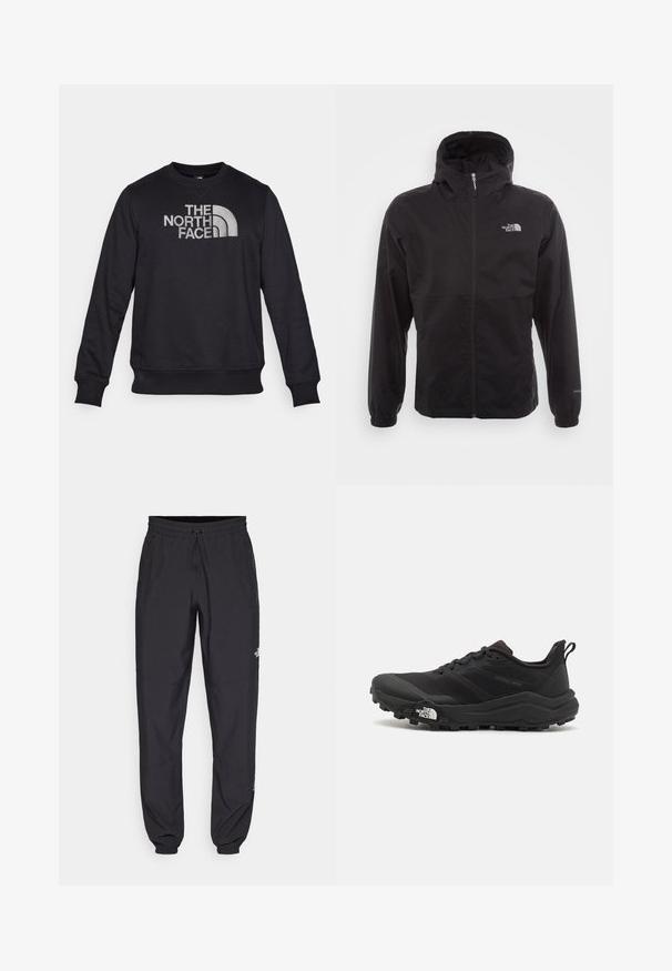 Giacca nera impermeabile con zip completa, cappuccio regolabile, polsini elasticizzati e logo sul petto; leggera, con texture liscia.; Felpa nera in misto cotone con collo rotondo, maniche lunghe e un logo bianco prominente con accenti curvi sul petto.; Pantaloni sportivi neri realizzati in tessuto leggero, con vita regolabile con cordino, tasche laterali e orli affusolati alle caviglie.; Scarpa da trail running nera con tomaia texture, suola in gomma e punta rinforzata. Presenta un collare imbottito e un tassello per un indossamento facile.