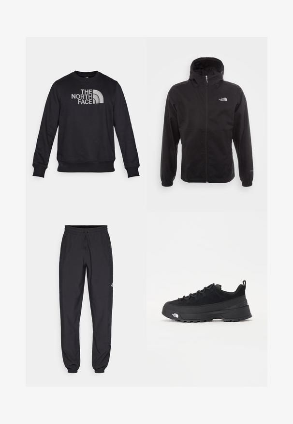 Fekete, vízálló dzseki teljes cipzárral, állítható kapucnival, rugalmas mandzsettákkal és mellkasi logóval; könnyű, sima textúrájú.; Fekete, pamut keverékből készült pulóver, kerek nyakkivágással, hosszú ujjal és hangsúlyos, ívelt részletekkel ellátott fehér logóval a mellkason.; Fekete sportnadrág, könnyű anyagból készült, húzózsinóros derékkal, oldalsó zsebekkel és szűkített szárakkal a bokáknál.; Fekete kültéri sneaker velúr felsőrésszel, texturált gumitalppal és strapabíró fűzőrendszerrel. Megerősített sarkú és oldalán márkalogóval rendelkezik.