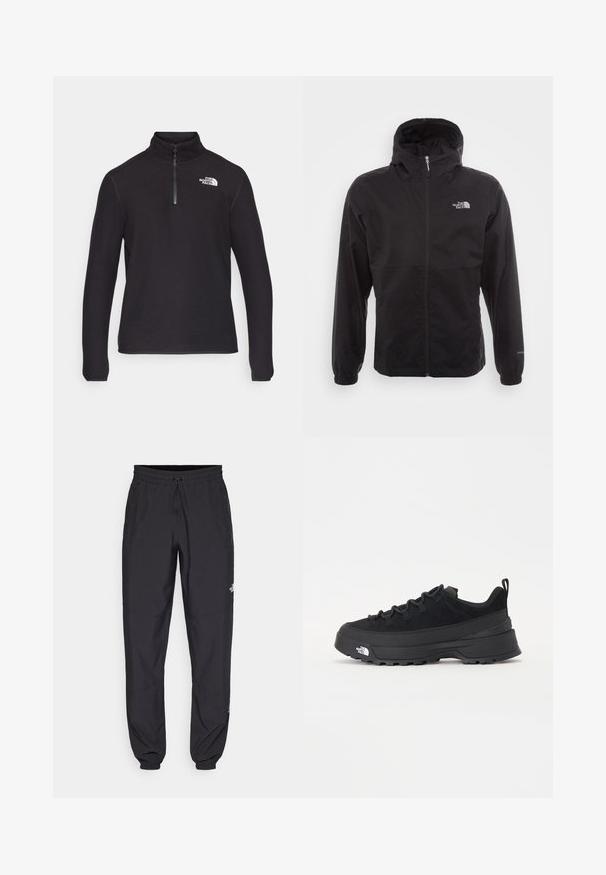 Schwarze wasserdichte Jacke mit durchgehendem Reißverschluss, verstellbarem Kapuzen, elastischen Bündchen und einem Logo auf der Brust; leicht und mit glatter Textur.; Schwarzer Fleece-Pullover mit halbem Reißverschluss, hochgeschlossen, langen Ärmeln und einem weißen Logo auf der linken Brustseite. Glatte Textur.; Schwarze Sporthosen aus leichtem Stoff, mit einem Kordelzugbund, seitlichen Taschen und schmal zulaufenden Bündchen an den Knöcheln.; Schwarzer Outdoorsneaker mit einem Obermaterial aus Wildleder, strukturierter Gummisohle und robustem Schnürsystem. Verfügt über eine verstärkte Ferse und das Markenlogo an der Seite.