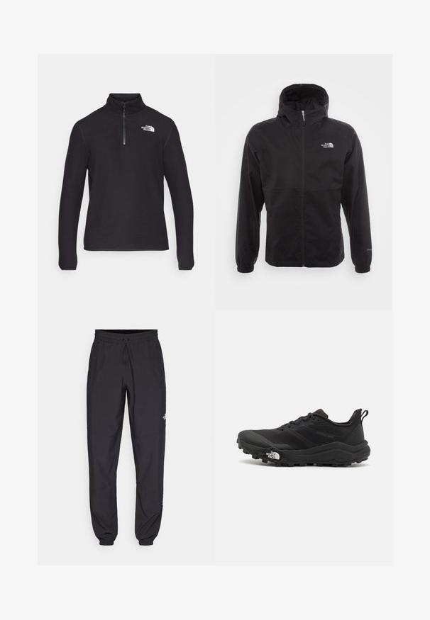 Musta vedenpitävä takki täysihihnalla, säädettävällä huppulla, joustavilla hihansuilla ja logolla rinnassa; kevyt, sileä pinta.; Musta neljännekselle vetoketjullinen fleece-pulloveri, jossa on korkea kaulus, pitkät hihat ja valkoinen logo vasemmassa rinnassa. Sujuva pinta.; Mustat urheiluhousut, jotka on valmistettu kevyestä kankaasta. Housuissa on naru vyötäröllä, sivutaskut ja kapenevat hihnat nilkoissa.; Musta maastojuoksukengät, joissa on teksturoitu päällinen, kumipohja ja vahvistettu varvastoppia. Varusteena pehmustettu nilkkakappale ja vetotappi helppoa pukemista varten.