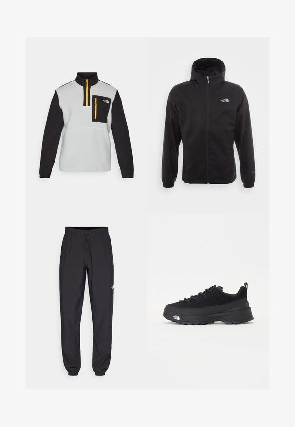 Sort vandtæt jakke med fuld lynlås, justerbar hætte, elastiske manchetter og et logo på brystet; letvægts, glat tekstur.; Fleece pullover i grå og sort med høj krave, halv-lynlås fortil, lynlåslomme på brystet og kontrasterende gul lynlåsdetaill.; Sorte atletiske bukser lavet af letvægtsstof, med en snor i taljen, sidelommer og tapered manchetter ved anklerne.; Sort udendørs sneakers med overdel i ruskind, tekstureret gummisål og robust snøringssystem. Har en forstærket hæl og logo fra mærket på siden.