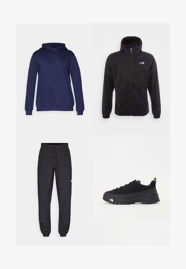 Fekete, vízálló dzseki teljes cipzárral, állítható kapucnival, rugalmas mandzsettákkal és mellkasi logóval; könnyű, sima textúrájú.; Tengerészkék kapucnis pulóver, puha anyagból készült, elülső zsebbel, bordás mandzsettákkal és egy kis logóval a mellrészen. Egyszerű, laza dizájn.; Fekete sportnadrág, könnyű anyagból készült, húzózsinóros derékkal, oldalsó zsebekkel és szűkített szárakkal a bokáknál.; Fekete kültéri sneaker velúr felsőrésszel, texturált gumitalppal és strapabíró fűzőrendszerrel. Megerősített sarkú és oldalán márkalogóval rendelkezik.