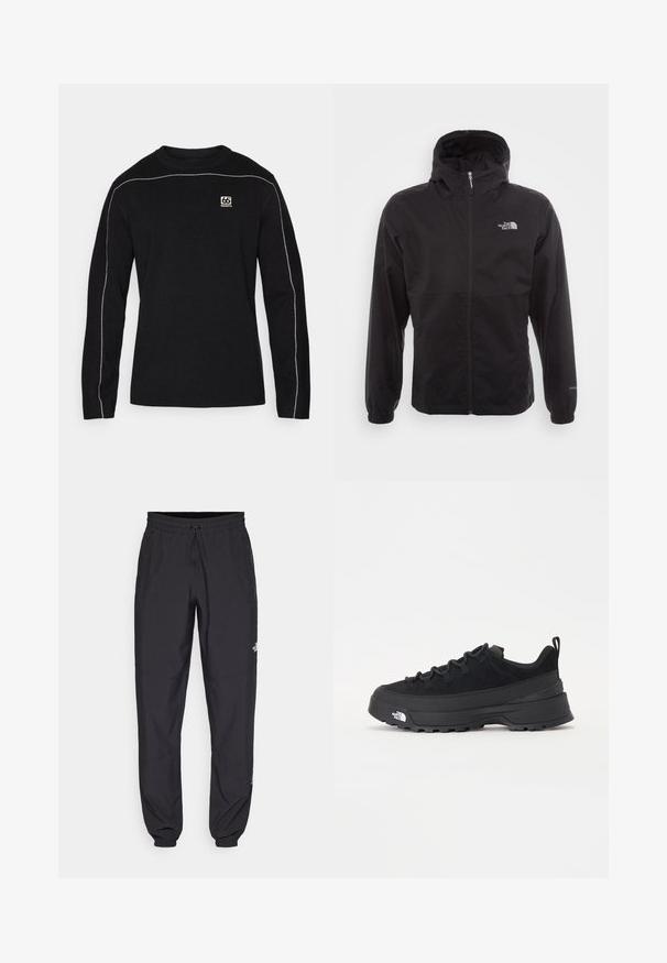Musta vedenpitävä takki täysihihnalla, säädettävällä huppulla, joustavilla hihansuilla ja logolla rinnassa; kevyt, sileä pinta.; Musta pitkähihainen paita, joka on valmistettu teksturoidusta materiaalista. Paidassa on kontrastiväri valkoista ommelta ja pieni valkoinen logo rinnassa.; Mustat urheiluhousut, jotka on valmistettu kevyestä kankaasta. Housuissa on naru vyötäröllä, sivutaskut ja kapenevat hihnat nilkoissa.; Mustamustad välisjalanõud suede ülemise, tekstuuriga kummist tallaga ja tugeva paelaga. Varustatud tugevdatud kanna ja brändi logoga külgedel.