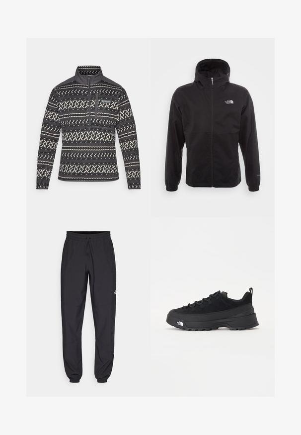 Black waterproof jacket with a full zip, adjustable hood, elastic cuffs, and a logo on the chest; lightweight, smooth texture.; Black and white patterned fleece pullover with a quarter-zip collar, featuring a chest pocket and textured surface. Brand logo on front.; Black athletic pants made from lightweight fabric, featuring a drawstring waistband, side pockets, and tapered cuffs at the ankles.; Black outdoor sneaker with a suede upper, textured rubber sole, and sturdy lacing system. Features a reinforced heel and brand logo on the side.